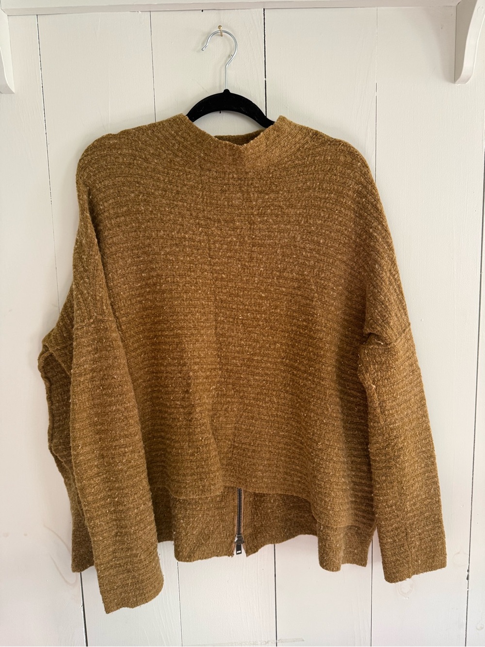 Free People Camel Textured Zip-Back Sweater Oversized Mock Neck Size M